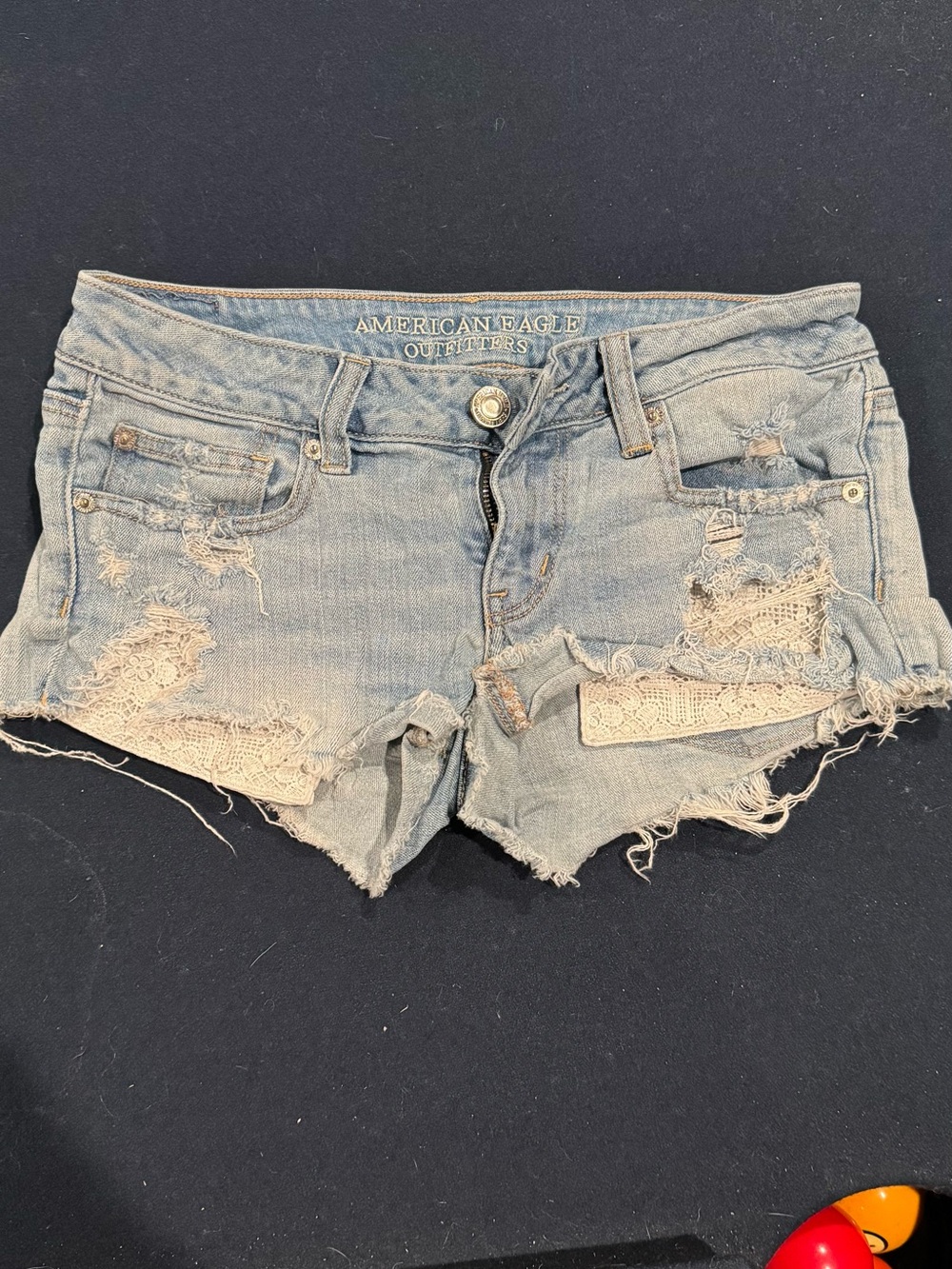 American Eagle Outfitters Light Blue Distressed Lace-Trim Denim Shorts